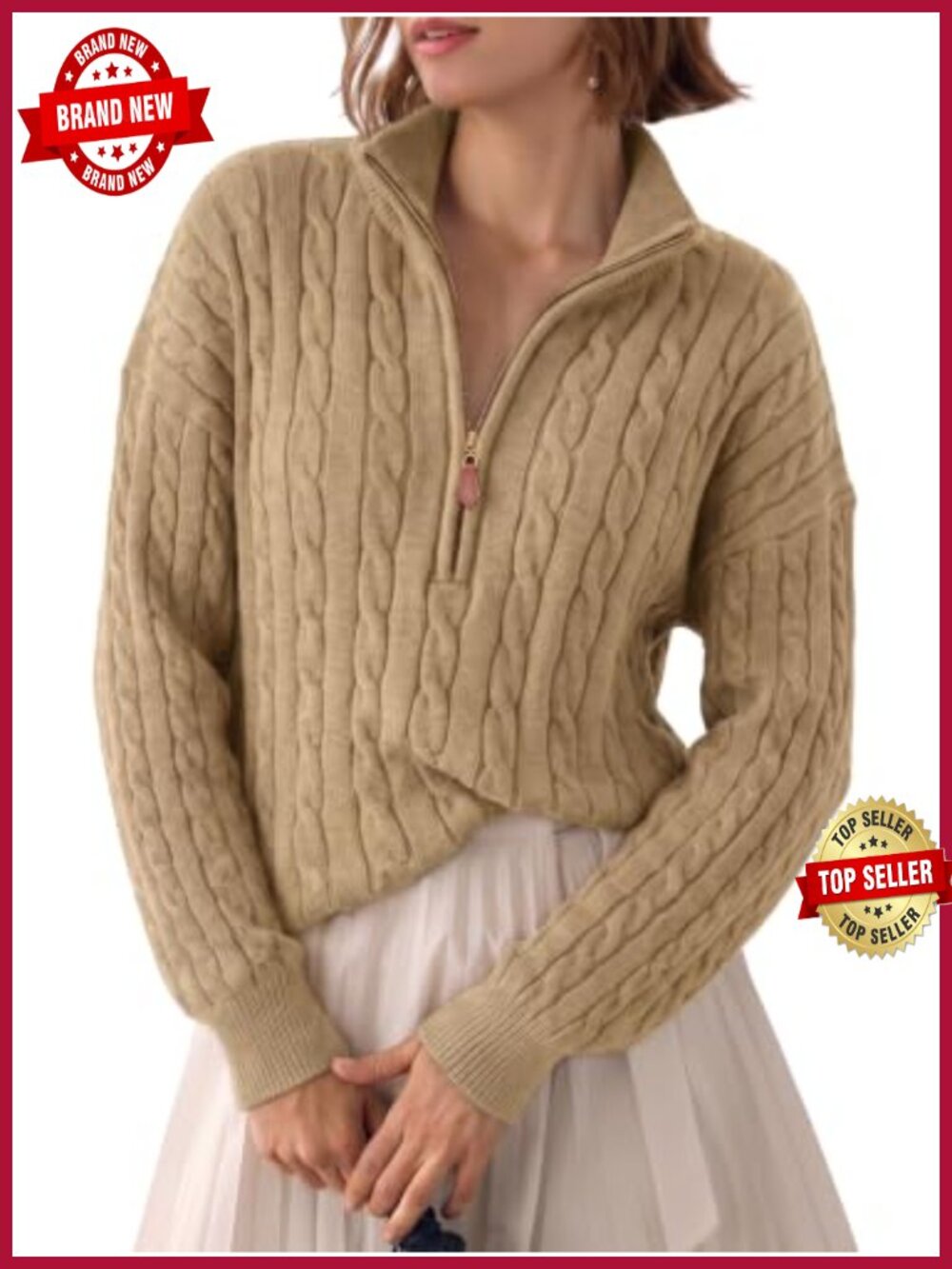 Quarter Zip Ribbed Cable Knit Pullover Sweater Mock Neck V-Neck